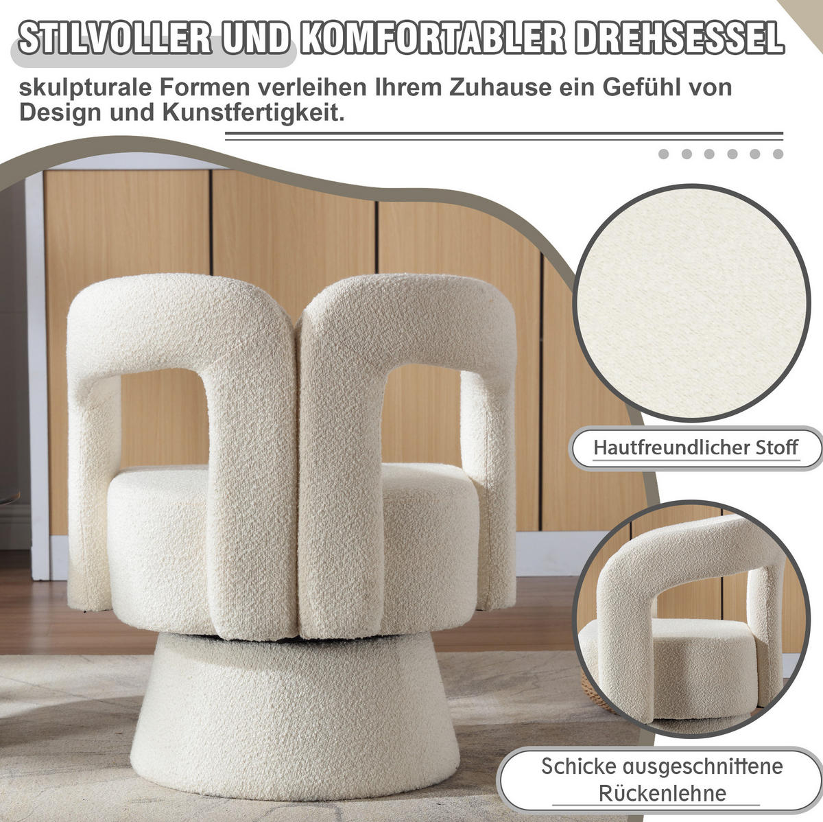 KRESLO 55/67/74 cm béžové 360° otočné z buklé látky - béžová, textil (55/74/67cm) - OKWISH