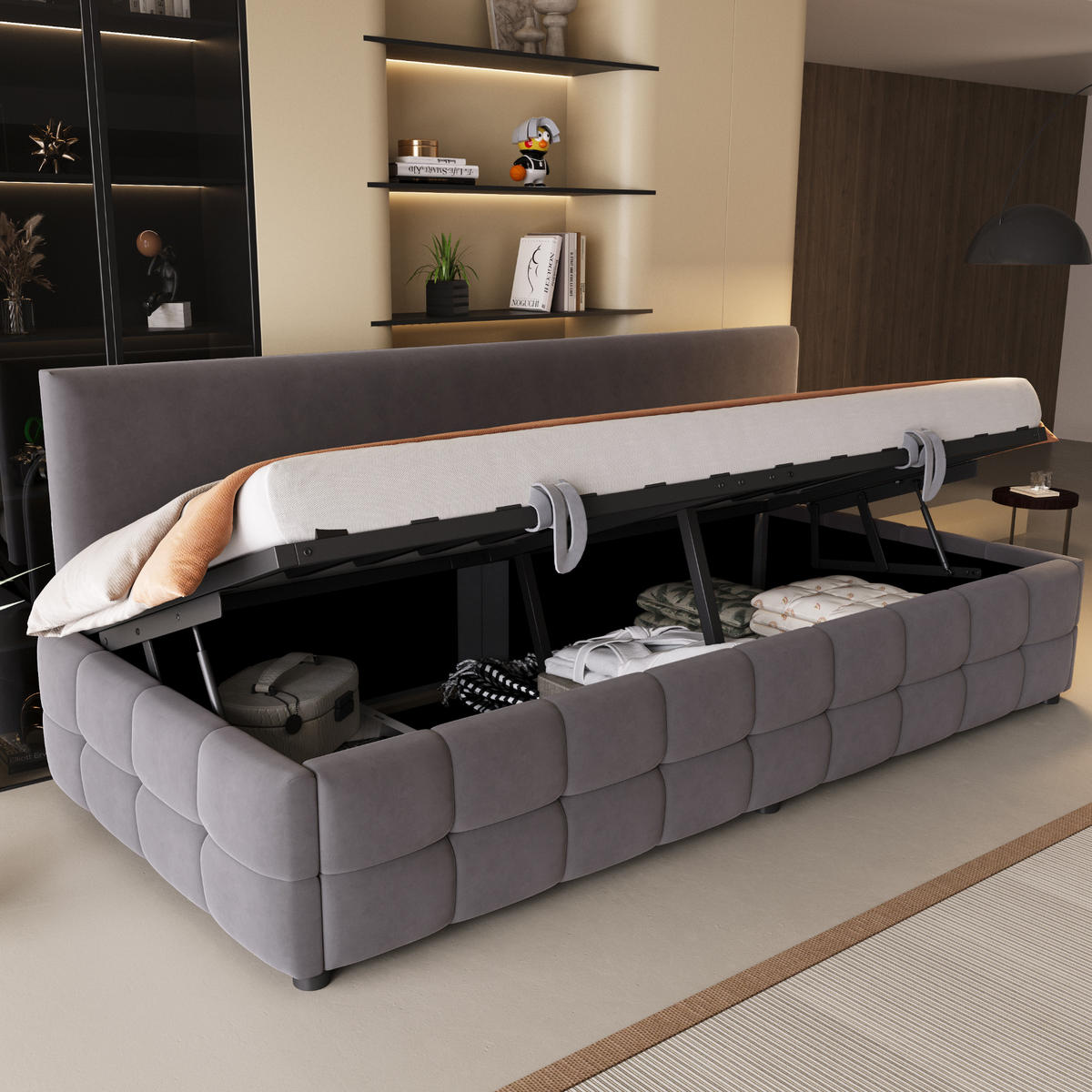 POLSTERBETT Schlafsofa 90/200 cm aus Samt mit hydraulischem Stauraum Dunkelgrau - Grau, Textil (90/200cm) - Modenvie