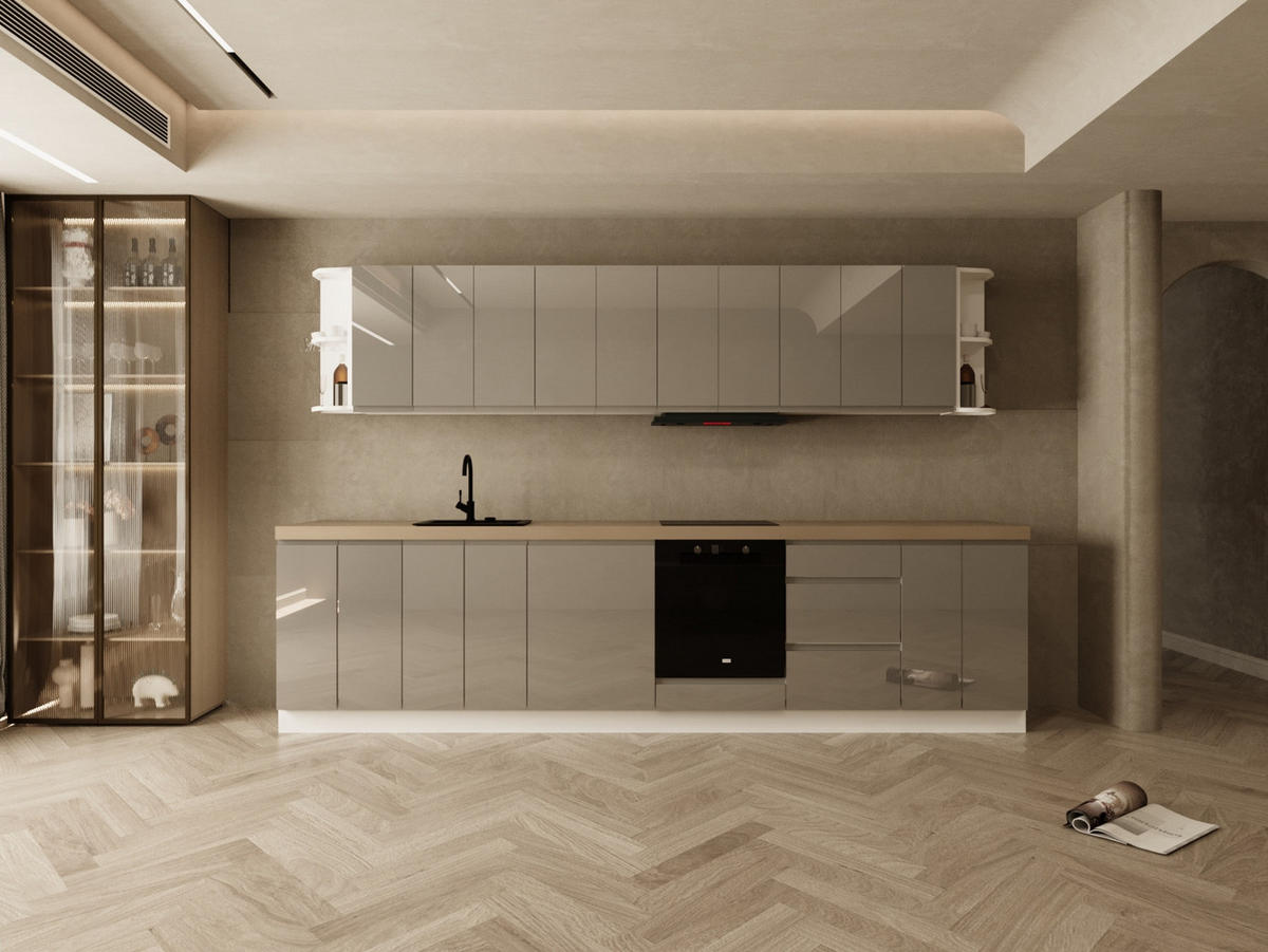 KÜCHENZEILE 360 cm - Aspen KA16-M360- in Grau/Hochglanz - Grau, Holz (360/212/52cm)