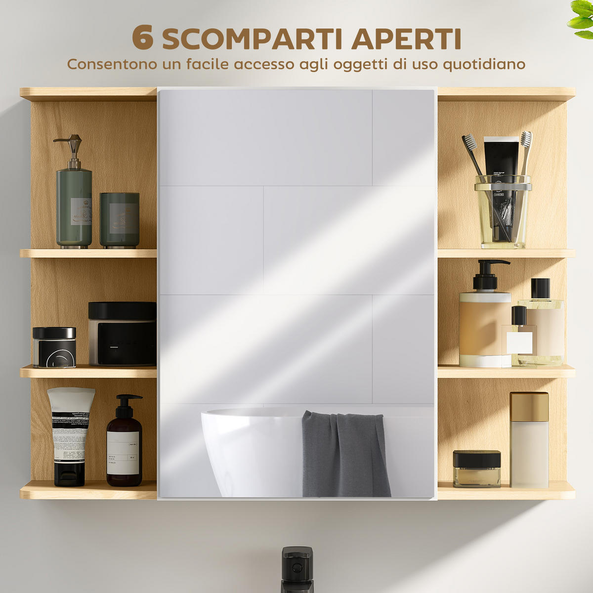 SPIEGELSCHRANK mit 2-stöckigem Schrank und 6 offenen Fächern, 80 x 20 x 59 cm ,Holz - Braun, Glas (80/59/20cm) - Vallsero