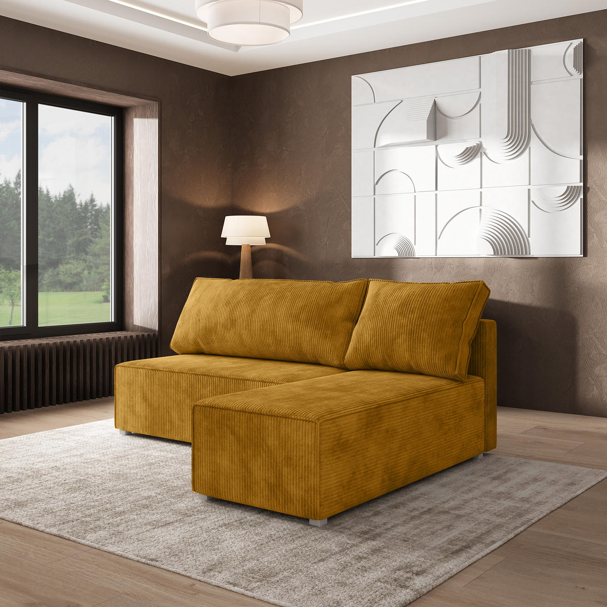 ROHOVÁ SEDAČKA BRISO žlutá - šedá/žlutá, dřevo/textil (200/140cm) - MASSENO