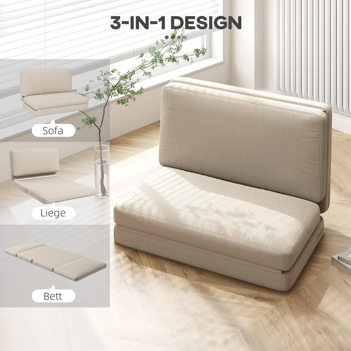 BODENSOFA 3-in-1 Klappbar Schlafsofa mit Samtoptik für Schlafzimmer, Wohnzimmer - Beige, Textil (120/10/275cm) - HOMCOM