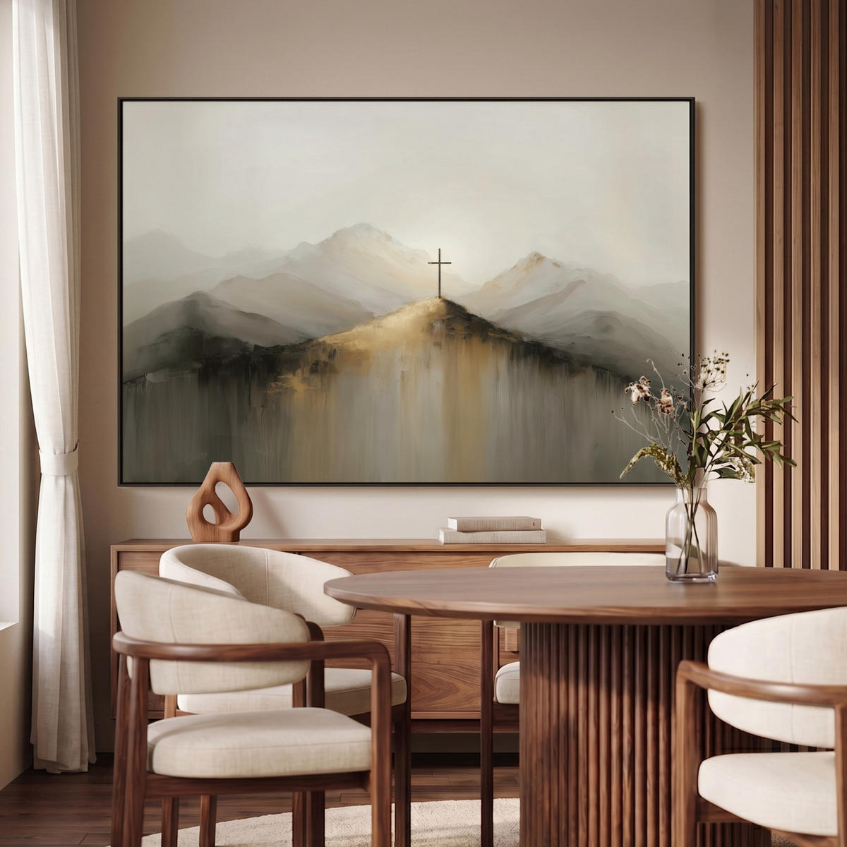 LEINWAND Bilder mit Rahmen - Hügel - Abstrakt - Kreuz - Christentum - 140x90 - Beige, Textil (140/90cm) - MuchoWow
