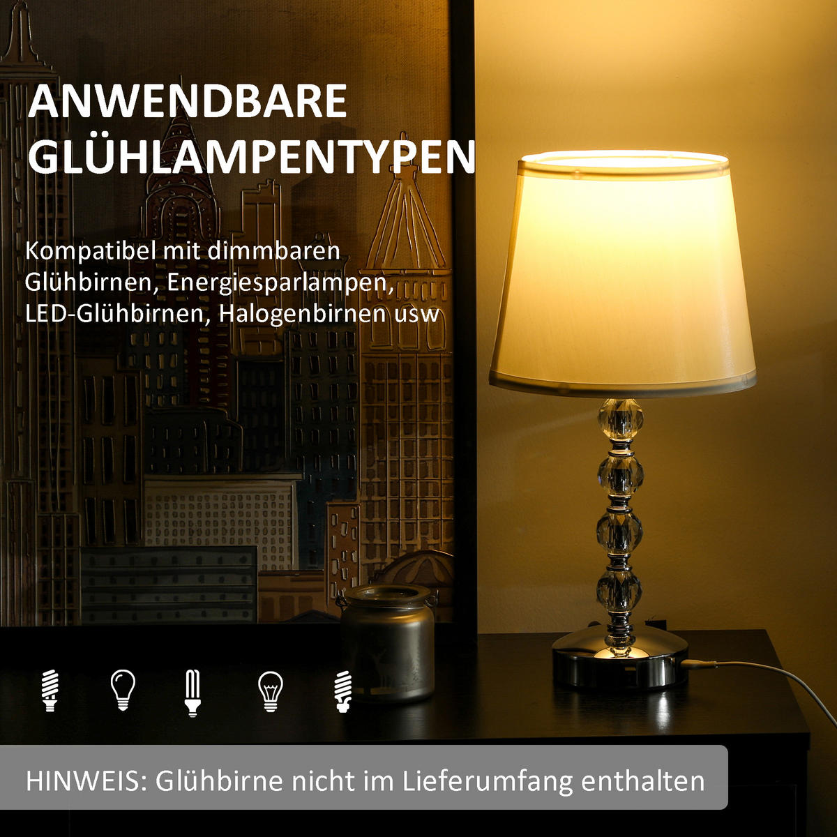 TISCHLAMPE LED Tischleuchte USB Aufladbar, Silber 23 x 23 x 45 cm - Weiß, Metall (23/23/45cm) - HOMCOM