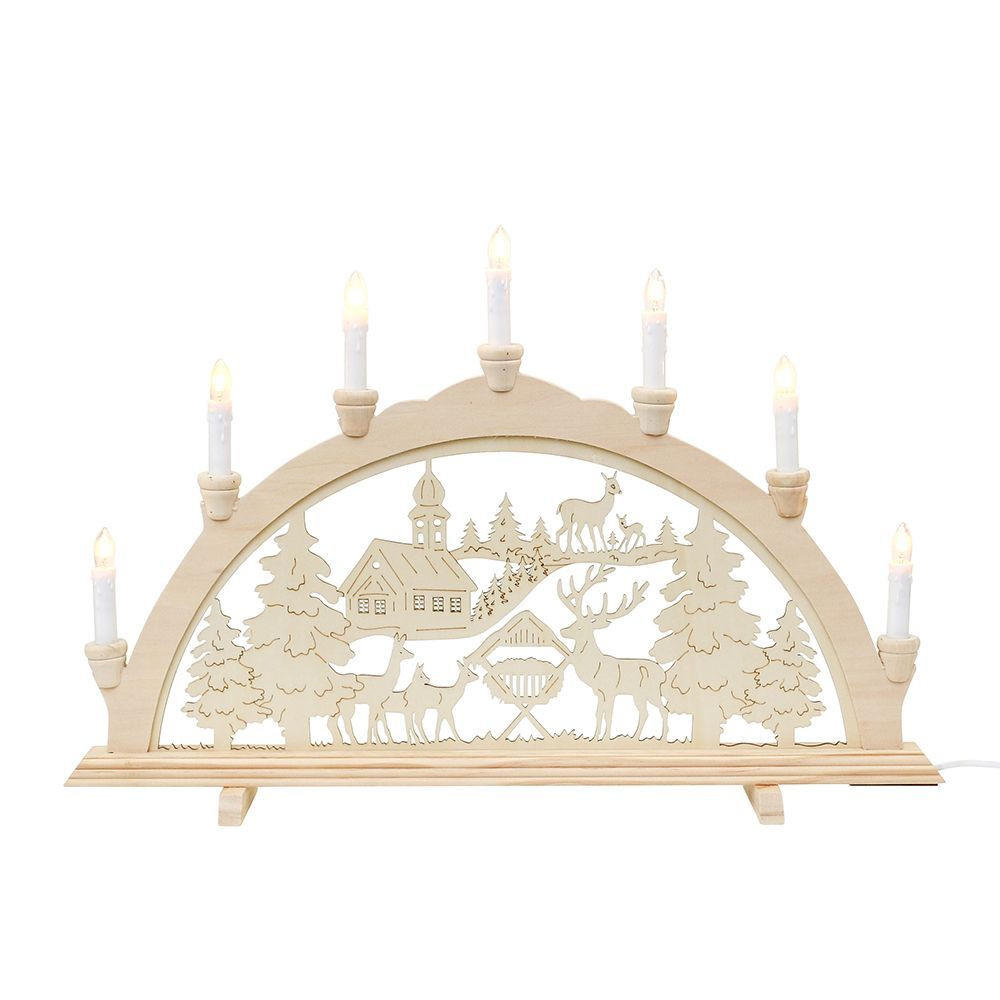 SCHWIBBOGEN Waldkirche und Rehe 7-flammig - Multicolor, Holz (0.1/1/0.1cm) - Dekoteam24