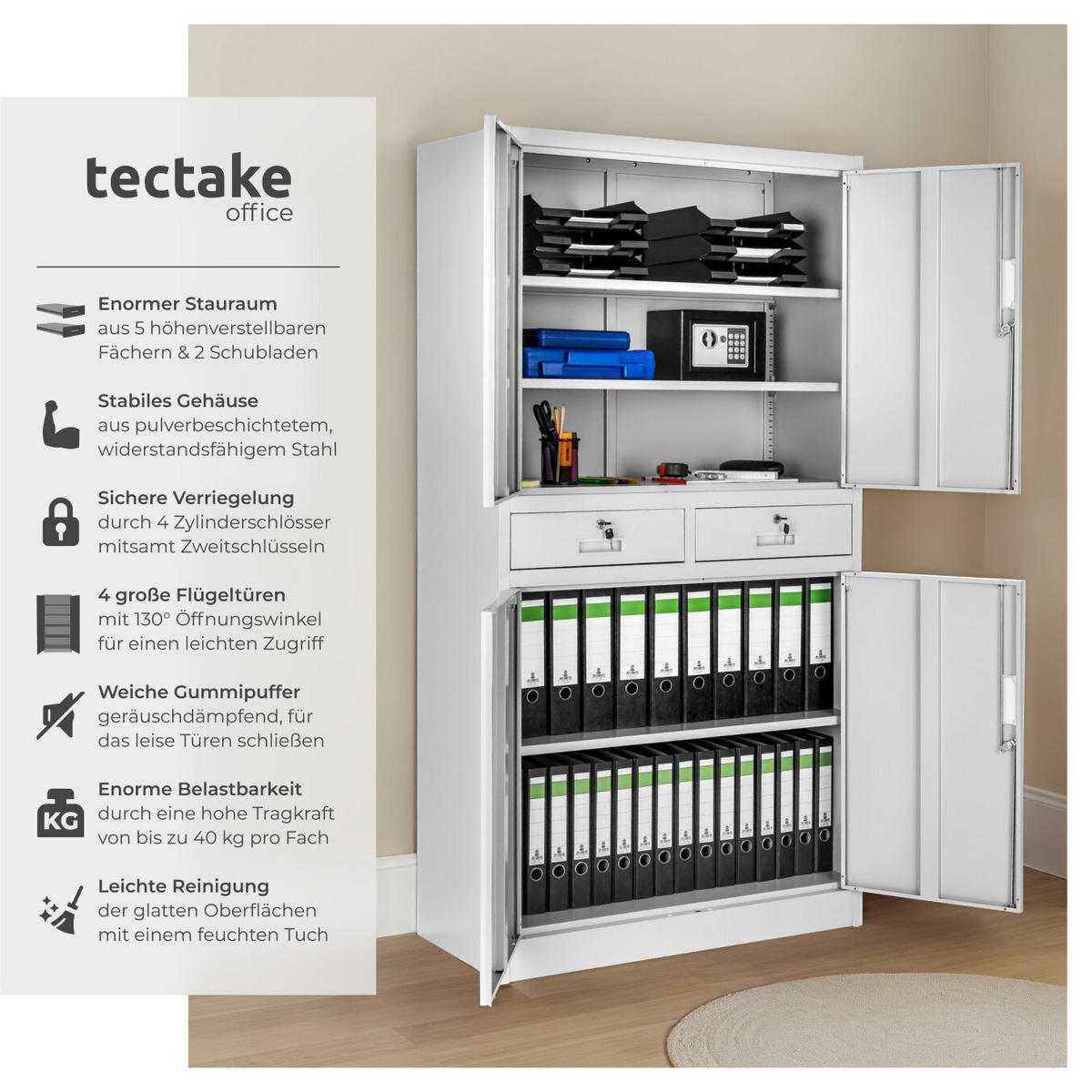 AKTENSCHRANK ,180 x 80 x 40 cm,hellgrau - Hellgrau, Metall (40/180/80cm) - tectake