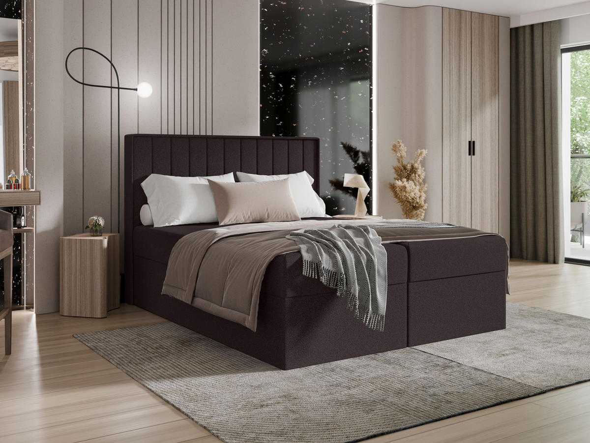 BOXBETT - Taschenmatratze + Topper 160x200 dunkelbraun Bouclé - Dunkelbraun, Holz/Holzwerkstoff (160/200cm) - SIMKAM Furniture
