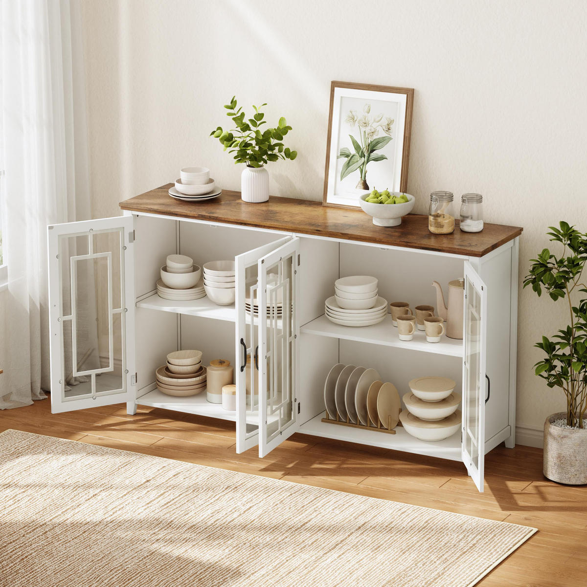 GESCHIRRSCHRANK 160 cm MDF Weiß mit Glastüren und Holzoptik-Arbeitsplatte - Weiß, Holzwerkstoff (40/86/160cm) - Korfee