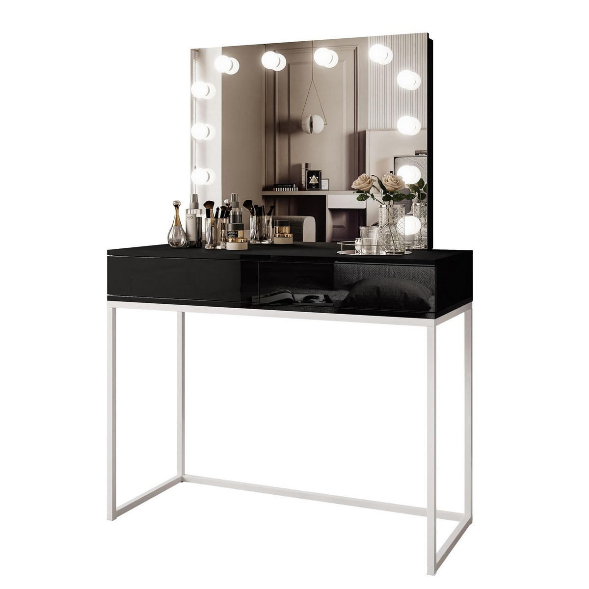 SCHMINKTISCH BLANCO LOFT ELITE mit Spiegel und Beleuchtung Schwarz Hochglanz PUSH OPEN - Schwarz Hochglanz/Silberfarben, Holzwerkstoff (100/146/42cm) - Lookway