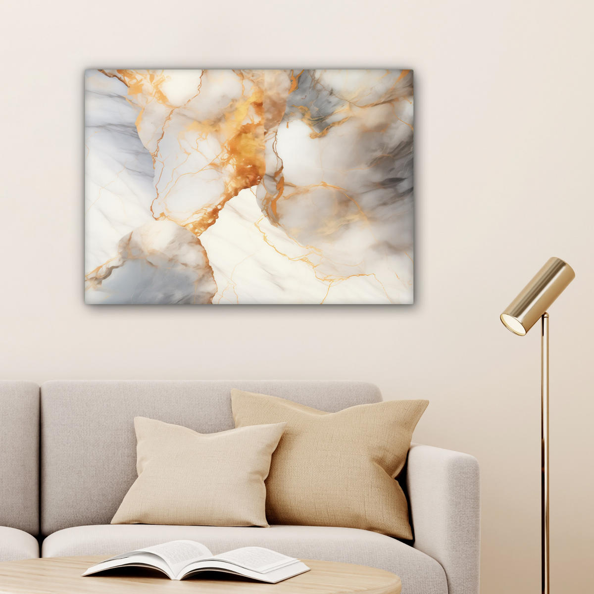 LEINWANDBILD Marmor - Grau - Gold Wandbilder 80x60 cm - Weiß, Textil (80/60cm) - MuchoWow