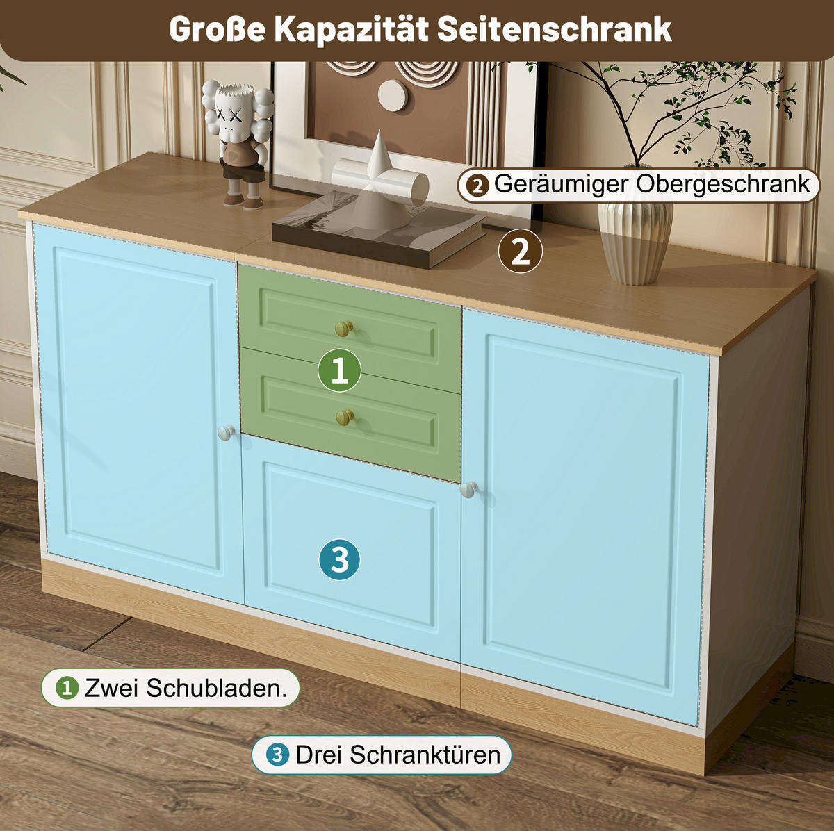 SIDEBOARD 135.5/39/76 cm Weiß und Holzfarbe aus Holzwerkstoff mit 3 Türen und 2 Schubladen - Weiß, Holzwerkstoff (39/76/135.5cm) - OKMYHOME