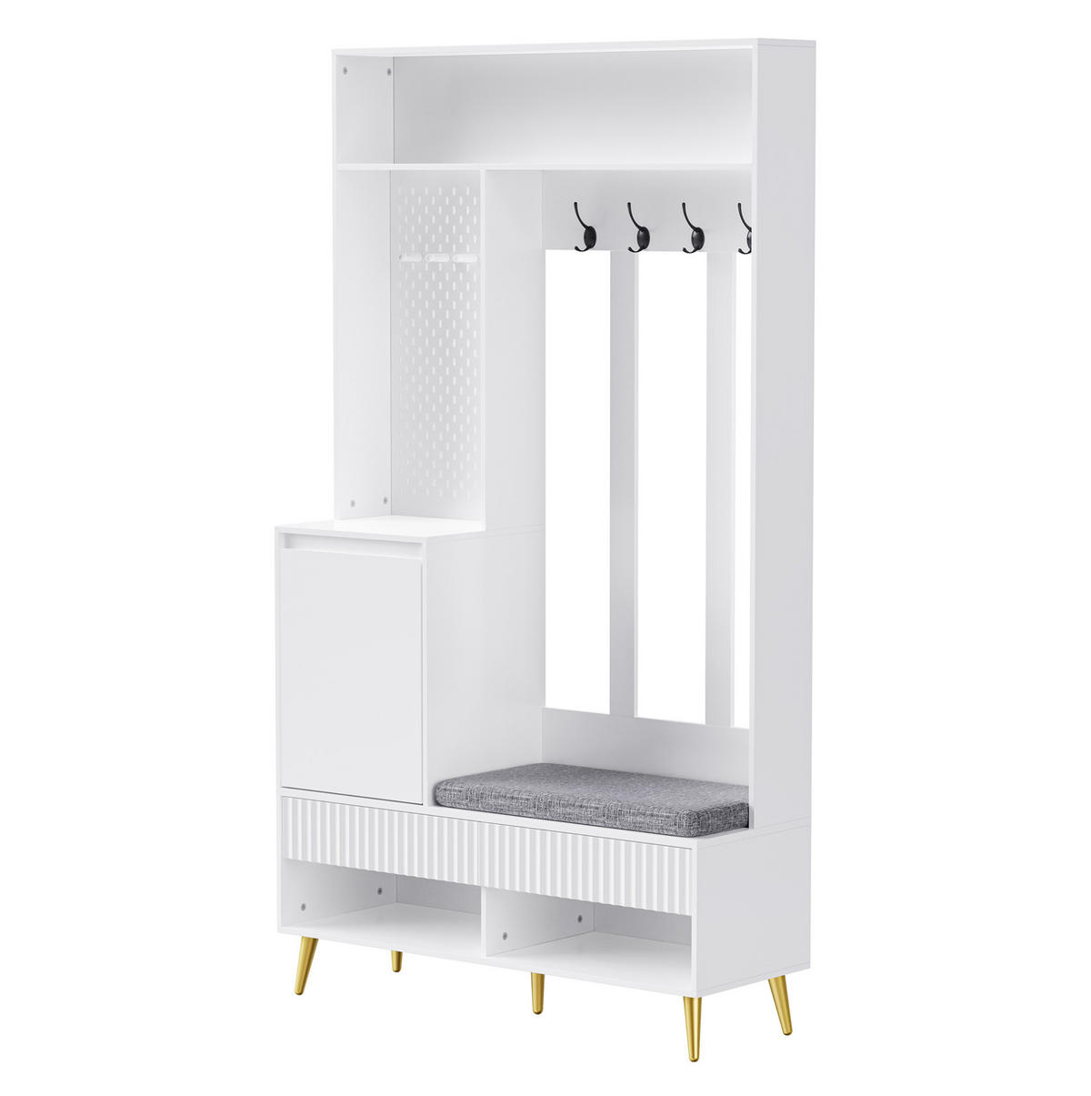 GARDEROBENSET 35/100/180 cm aus MDF mit Sitzbank, 2 Schubladen, Schrank und 4 Haken, Weiß - Weiß, Holzwerkstoff (100/180/35cm) - Redom