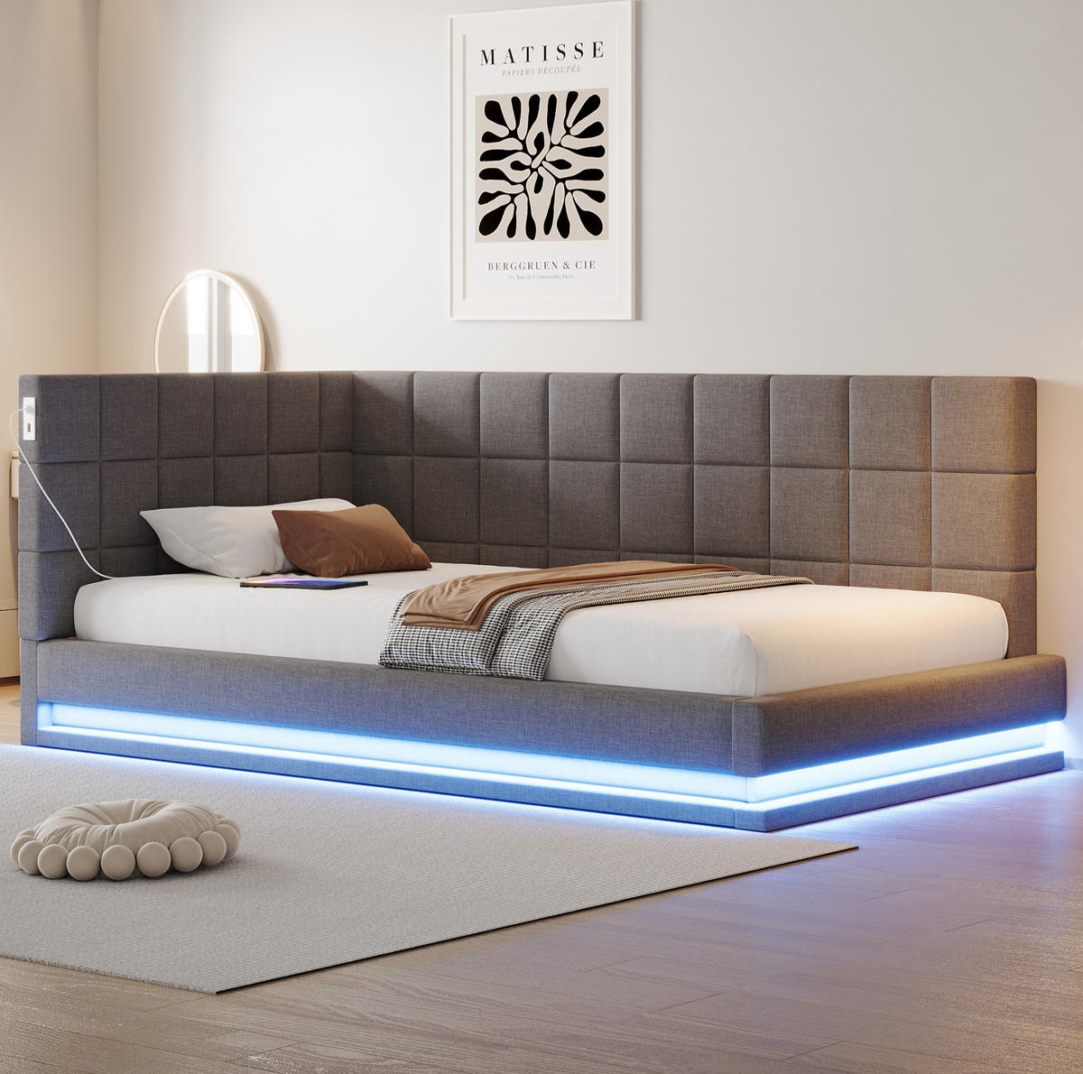 POLSTERBETT 90/200 cm mit LED-Beleuchtung & USB-Steckdose aus Leinen Grau - Grau, Textil (90/200cm) - OKWISH