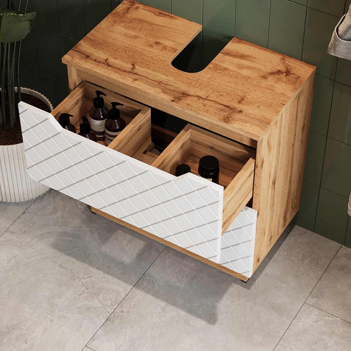 BADMÖBEL-SET Lotta Eiche/Weiß mit Kachelstruktur 3 Teile - Eichefarben/Weiß, Holzwerkstoff (59.8/62.5/32cm) - Vicco