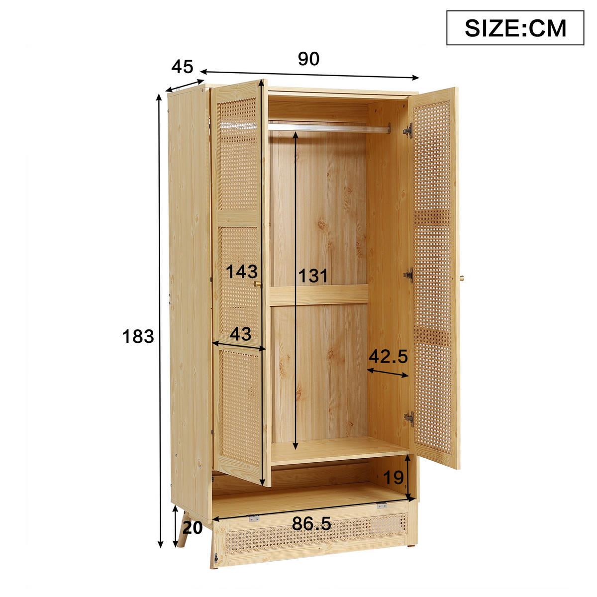KLEIDERSCHRANK 90/45/183 cm mit 2 Drehtüren und Rattan-Optik in Natur - Naturfarben, Holz (90/183/45cm) - BEAOK
