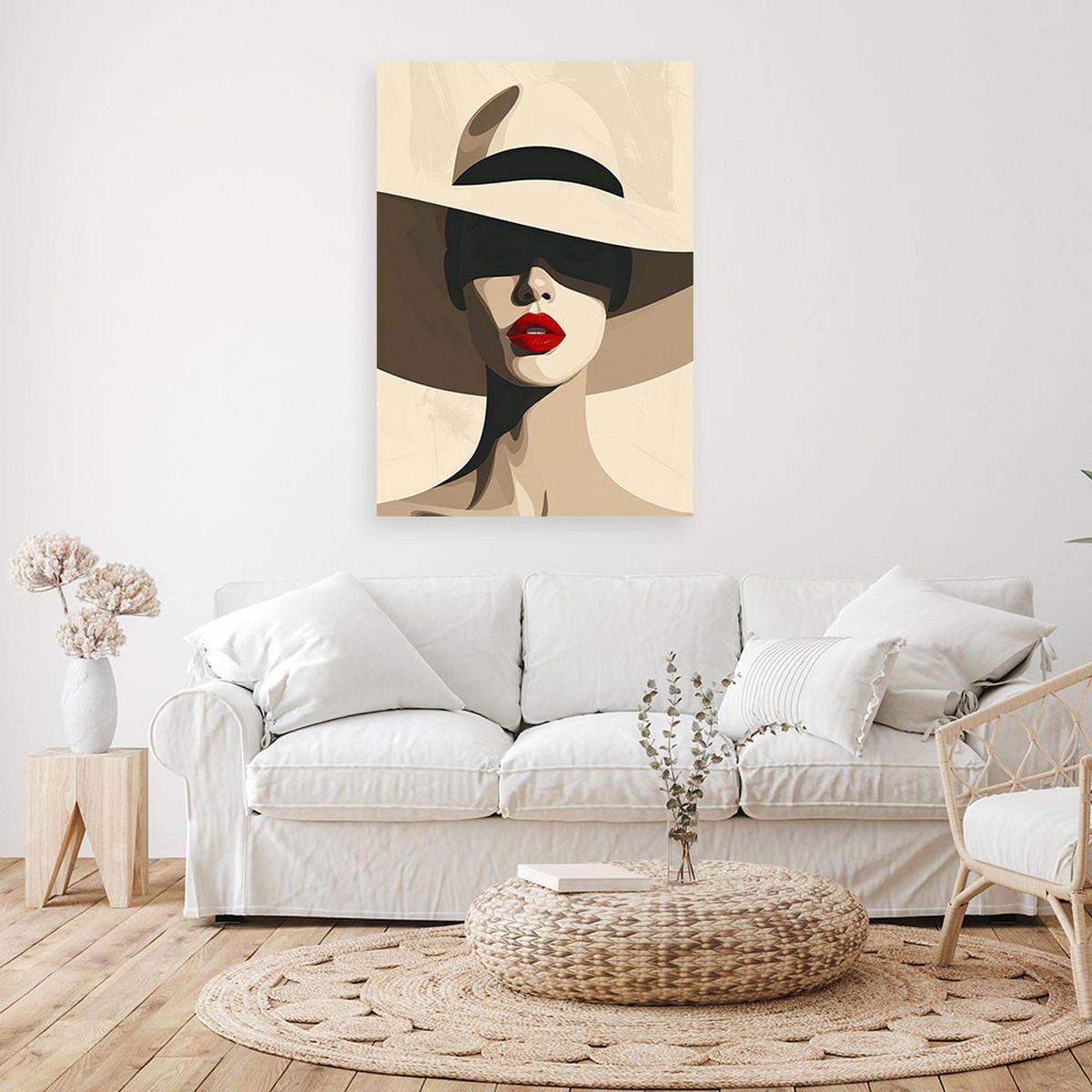 LEINWANDBILD, Eine Frau mit schwarzem Hut und roten Lippen - Beige, Textil (80/120cm) - Feeby