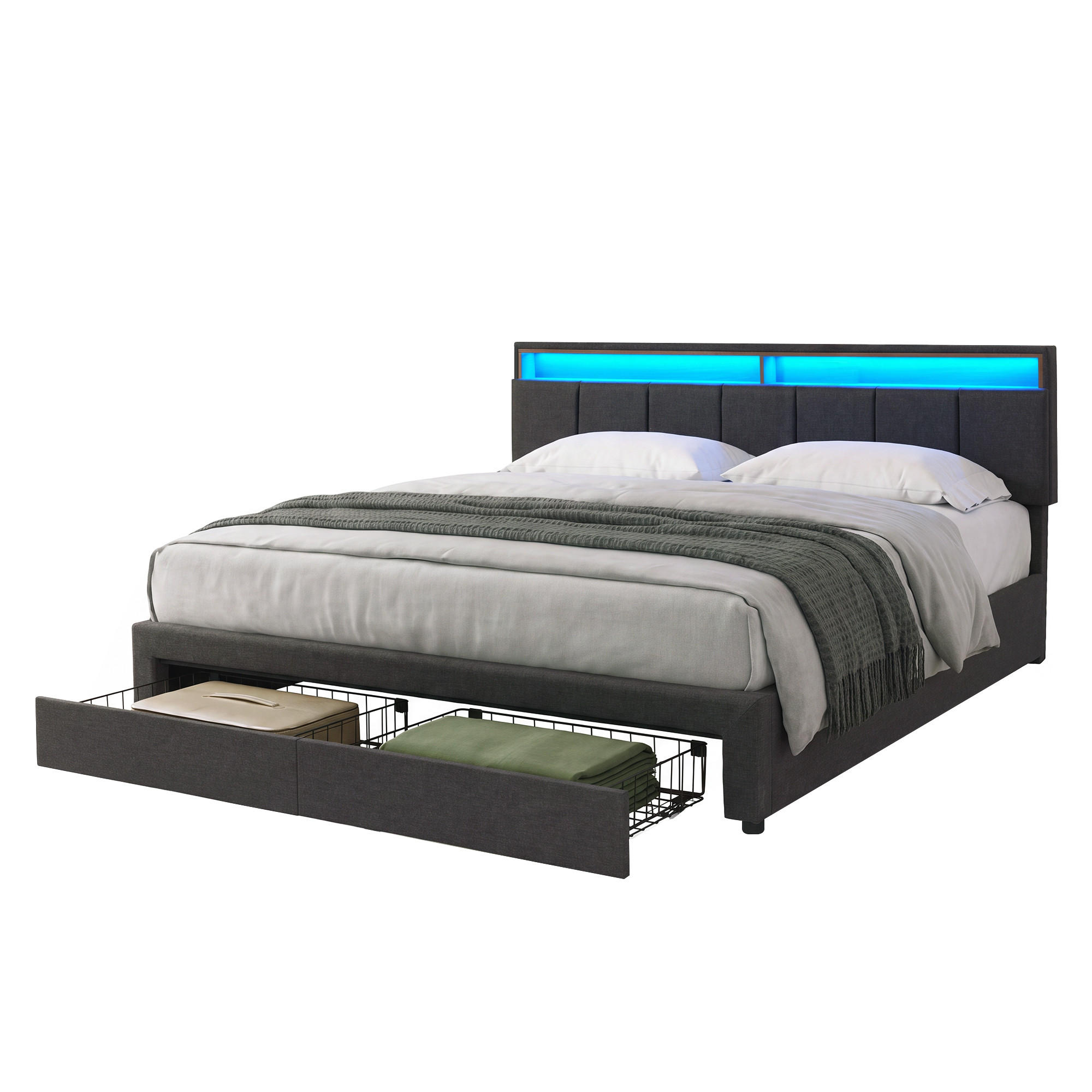 STAURAUMBETT 180x200 cm, Kopfteil mit Stauraum, LED-Beleuchtung, Leinenstoff, in Grau - Grau, Holz (180/200cm) - BRILVERDE