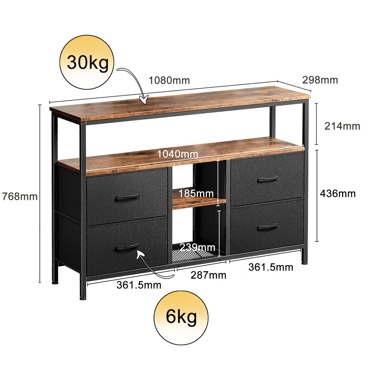 TV-SCHRANK 108 CM - Tigerholz-Optik mit Tigerholz-Stoffschubladen - Schwarz, Holz (30/78/108cm)