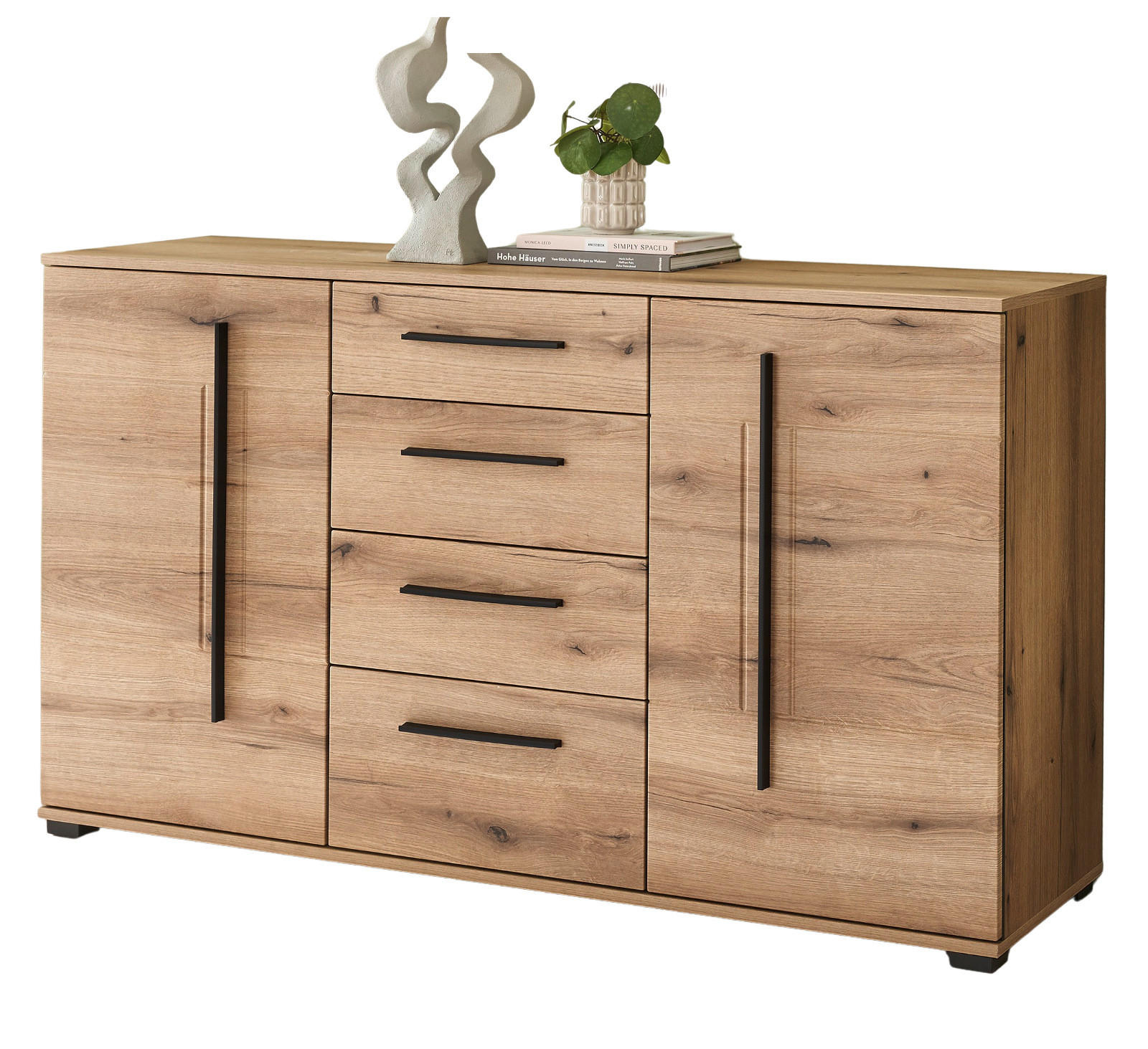 SIDEBOARD Eiche Evoke, Kommode 150 cm mit Soft-Close - Eichefarben/Schwarz, Holzwerkstoff/Kunststoff (150/86/42cm) - Furn.Design