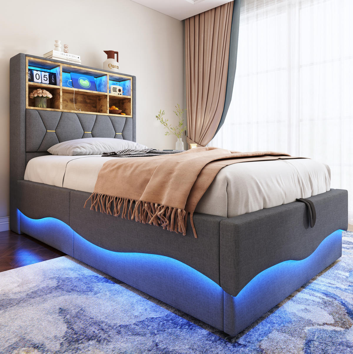 KINDERBETT 90/200 cm in Grau mit Stauraum, LED-Beleuchtung und USB-Anschluss - Grau, Metall (90/200cm) - Flora Grace