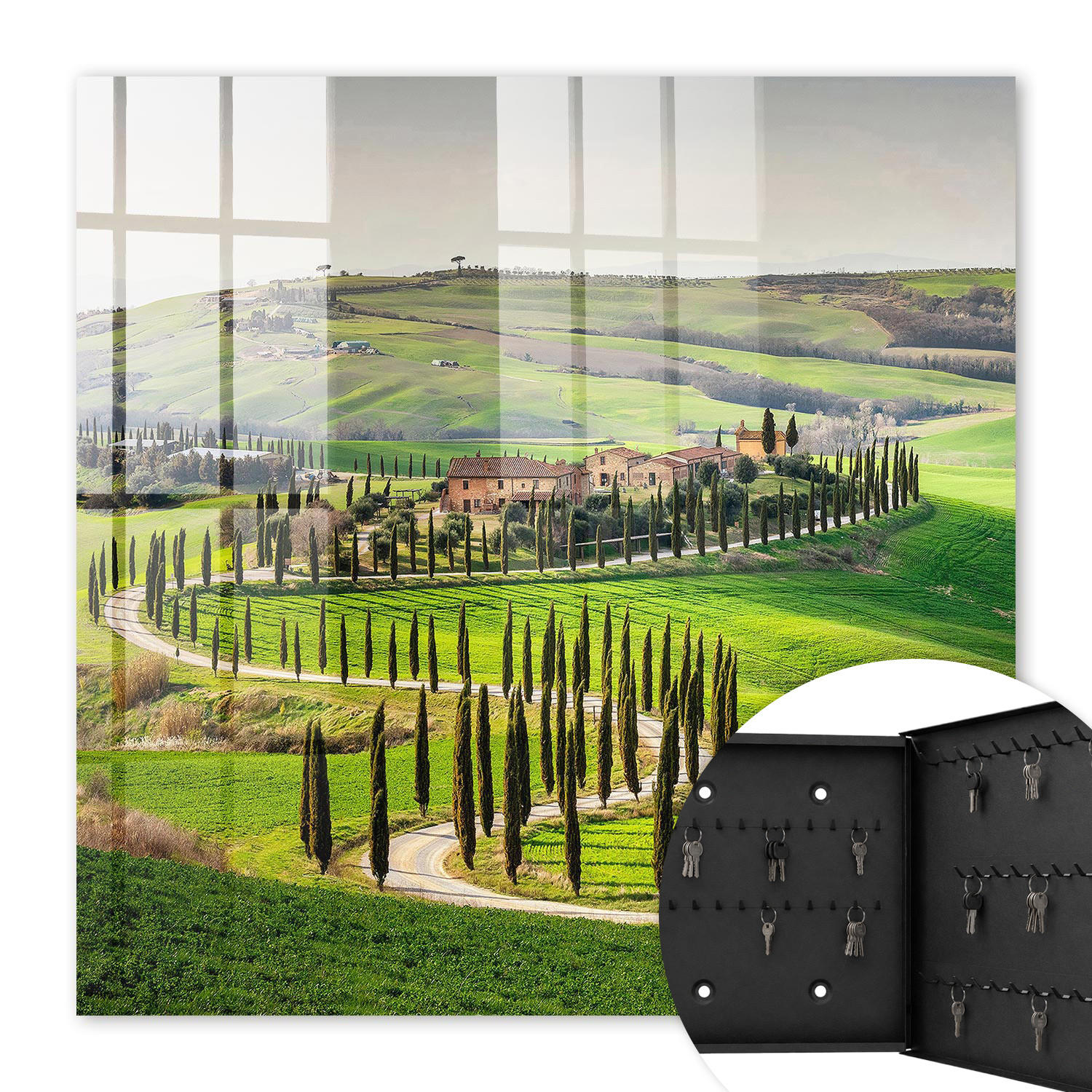 SCHLÜSSELBOX Schwarz 30x30 cm- Türöffnung nach rechts - Toskana-Landschaft - Grün, Metall (30/30/5cm) - TULUP