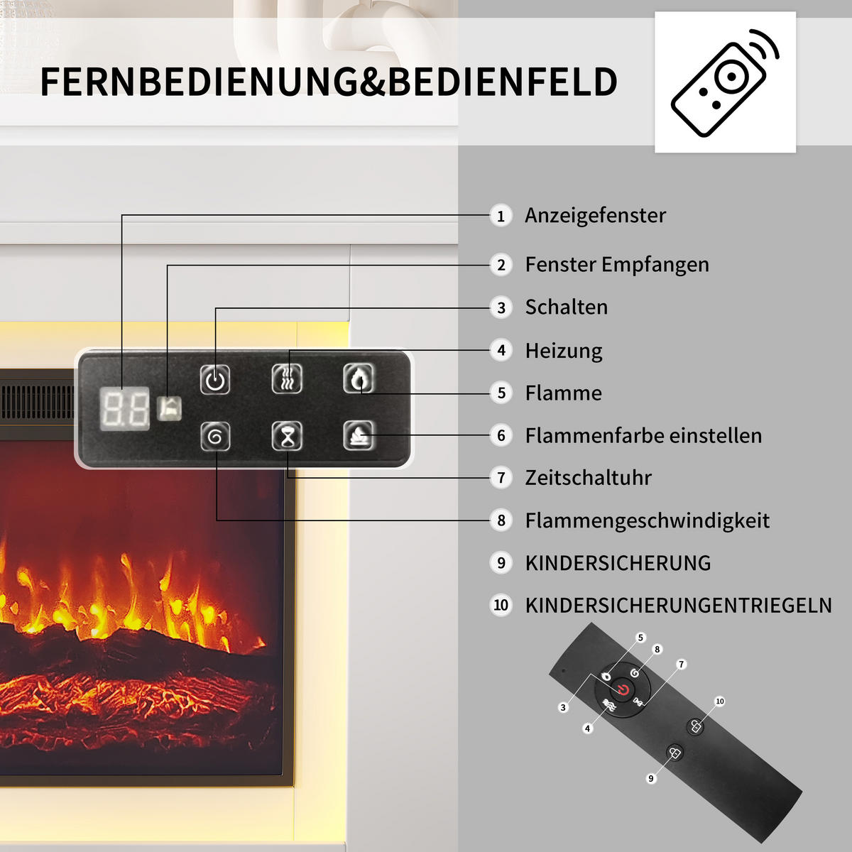ELEKTROKAMIN freistehend 3D Flamme LED Dekokamin weiß - Weiß, Holz (34.5/88.8/101cm) - LEBENLANG