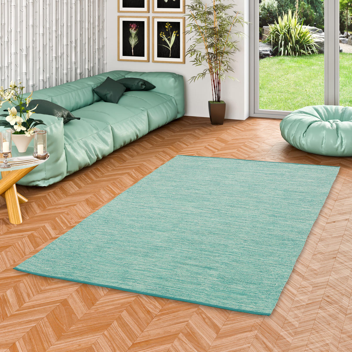 BAUMWOLLE NATUR KELIM TEPPICH EASY MELIERT - Türkis, Textil (200/290cm) - Pergamon