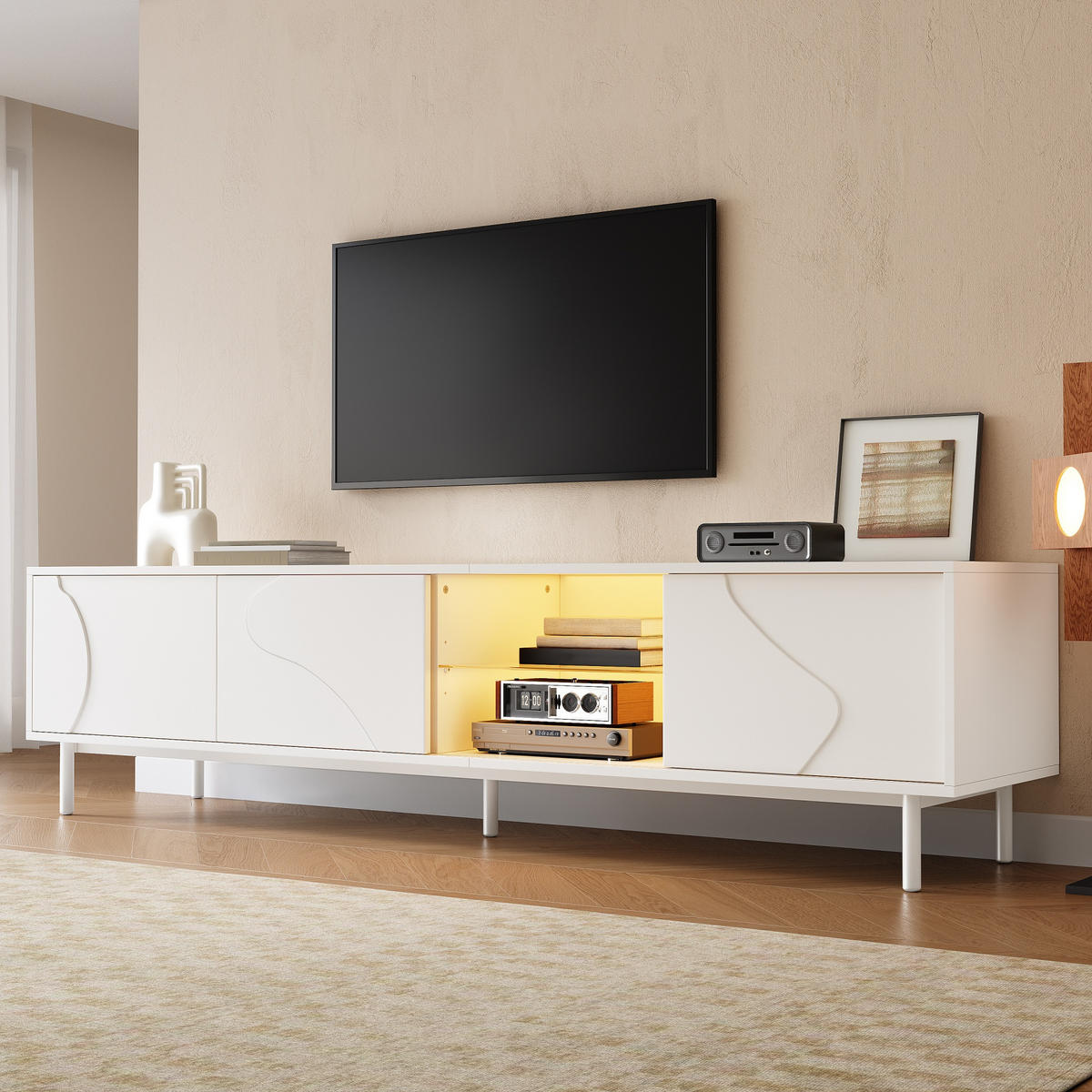 TV-ELEMENT180X40X45CM WeißLowboard mit LEDBeleuchtung und Schiebetüren - Weiß, Holz (47.5/18.01/115.01cm) - Raelunyi