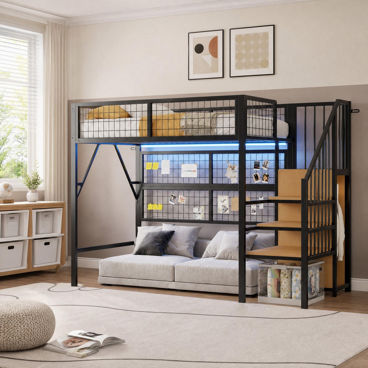 HOCHBETT 90/200 mit App-LED, Stauraumtreppe und offenem Kleiderschrank in Schwarz - Schwarz, Holzwerkstoff/Metall (90/200cm) - EVRYAE