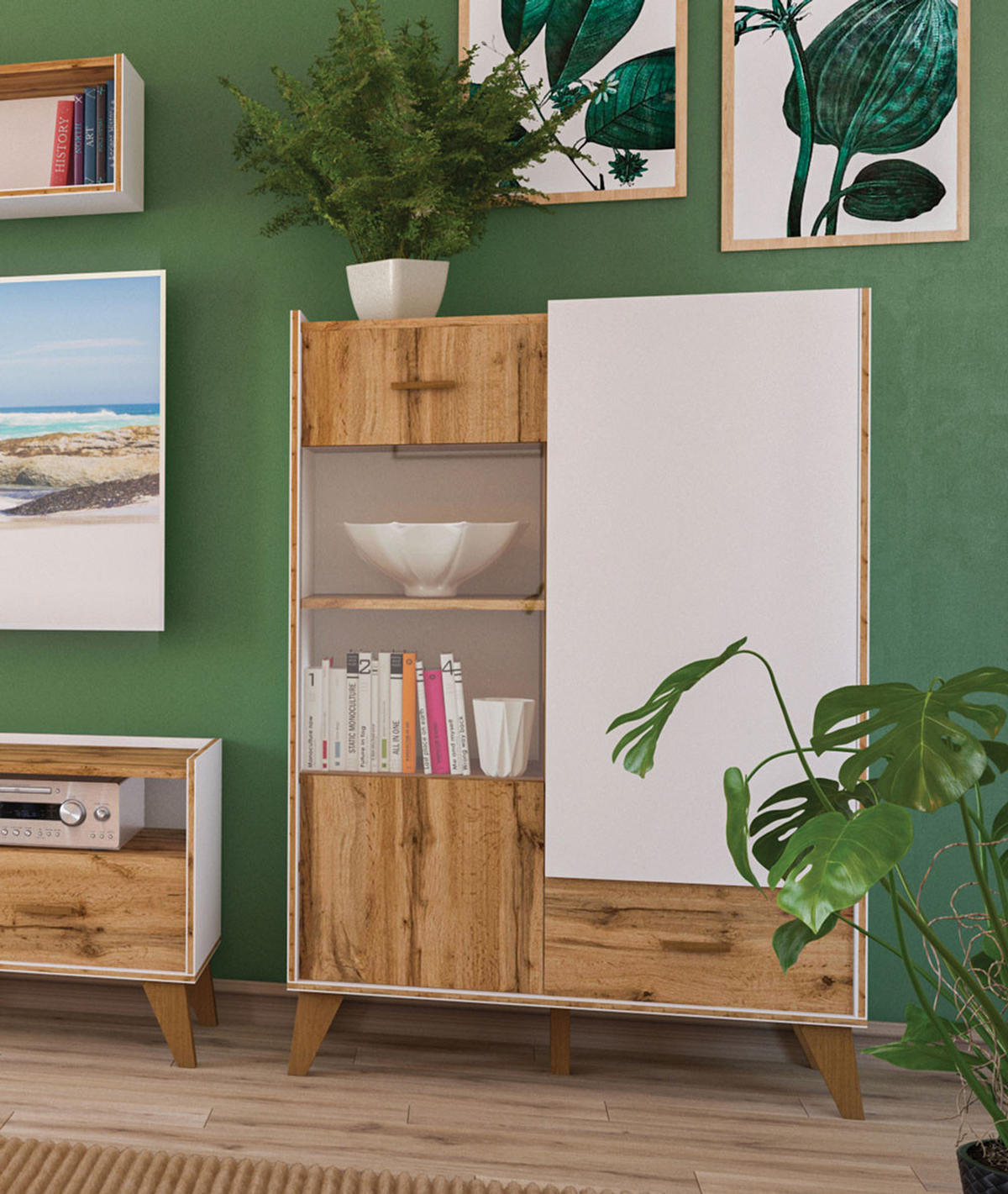 HIGHBOARD Skandi weiß / Eiche Wotan 81 / 40 / 132cm - Eichefarben/Multicolor, Holz/Holzwerkstoff (81/132/40cm) - Feldmann-Wohnen