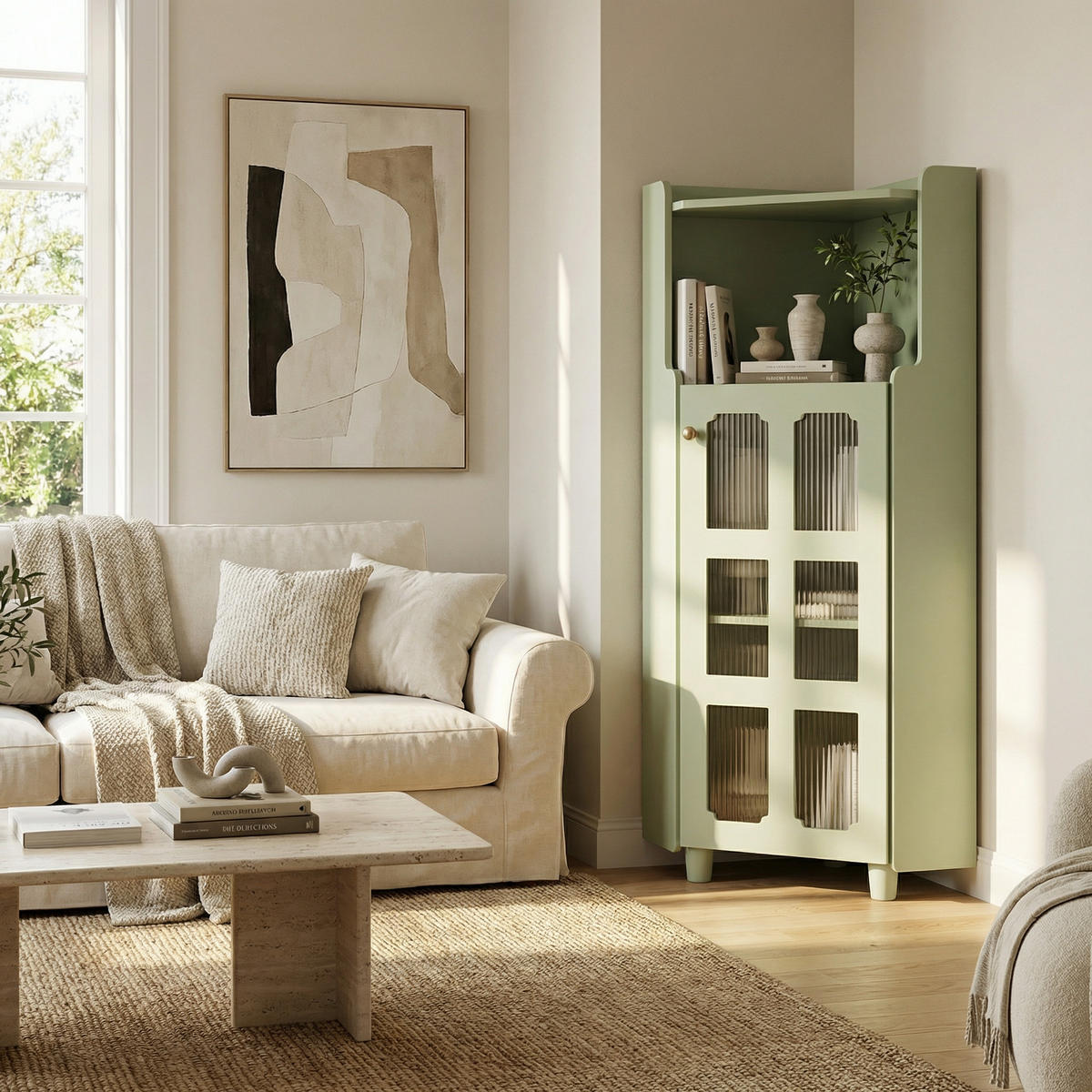 ECKSCHRANK in Grün lackiert mit App-gesteuerter LED & Glasvitrine - Mintgrün, Holzwerkstoff (63/124/45cm) - Urban Meuble