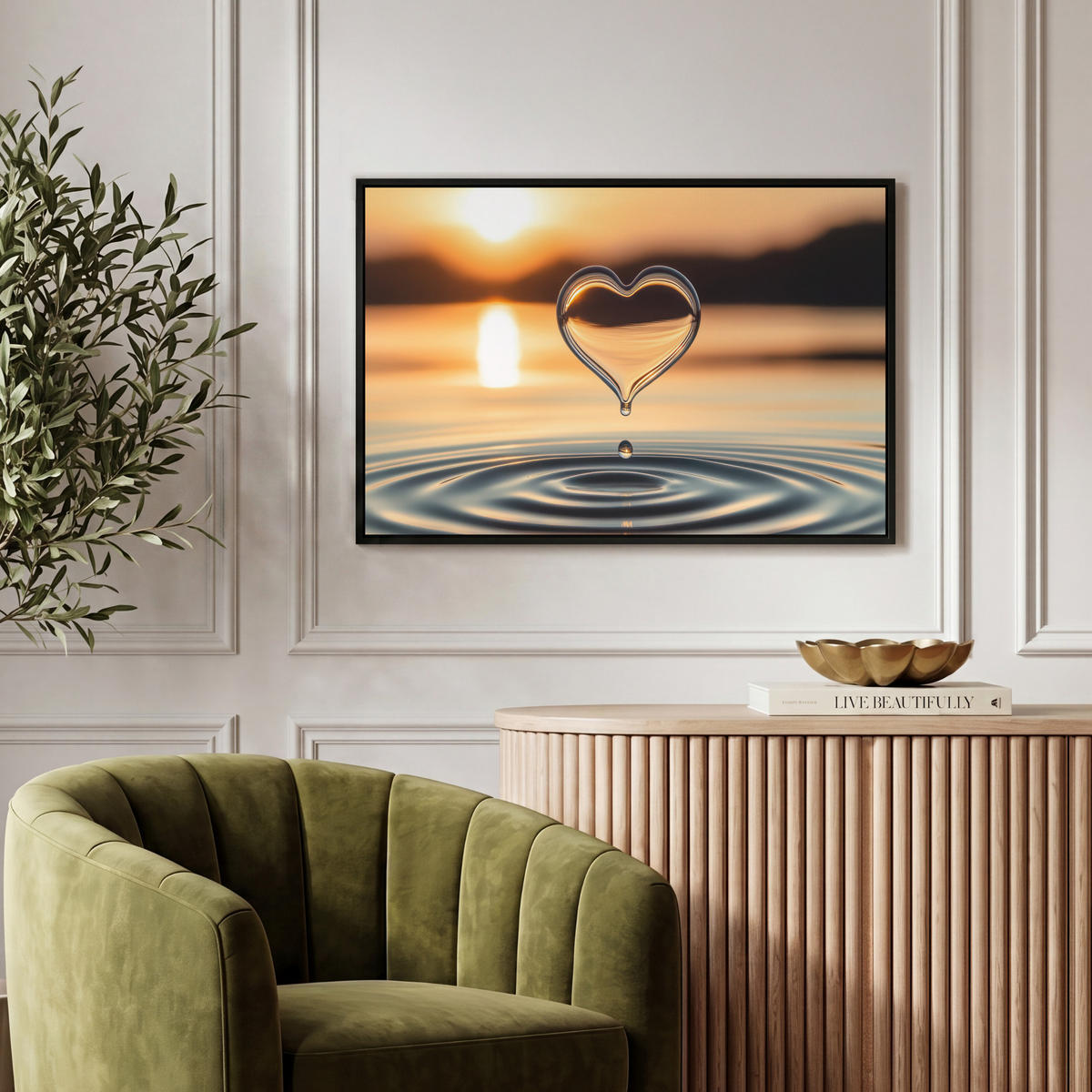 LEINWAND Bilder mit Rahmen - Herz - Wasser - Sonnenuntergang - Natur - Zen - 60x40 - Bernsteinfarben, Textil (60/40cm) - MuchoWow