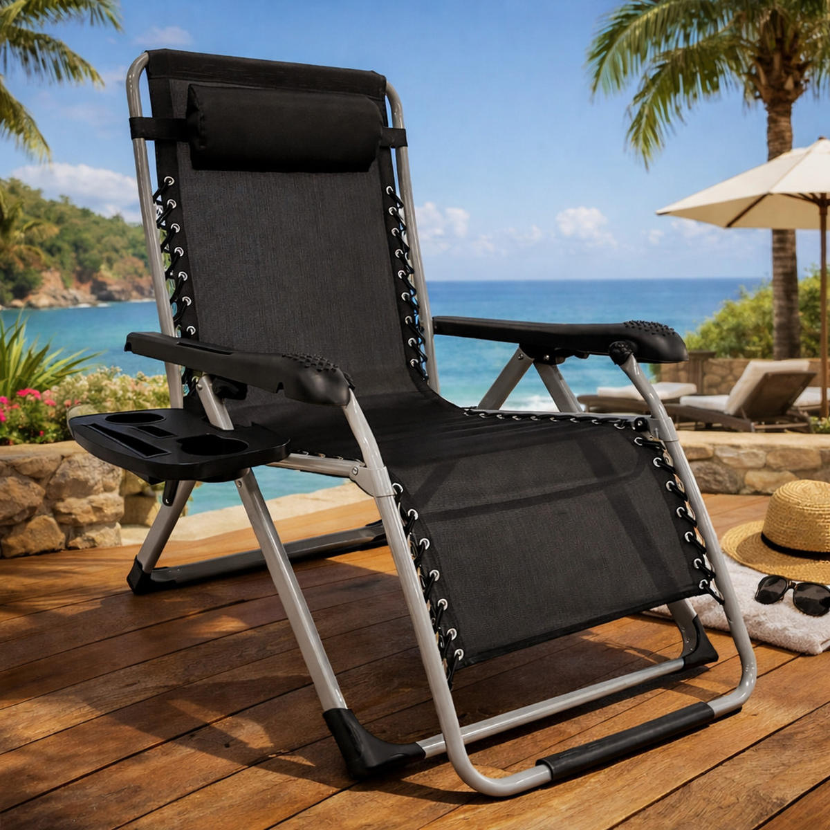 LIEGESTUHL mit Nackenkissen und Getränkehalter, Schwarz - Schwarz/Grau, Metall (73/110/81cm) - QUICK STAR