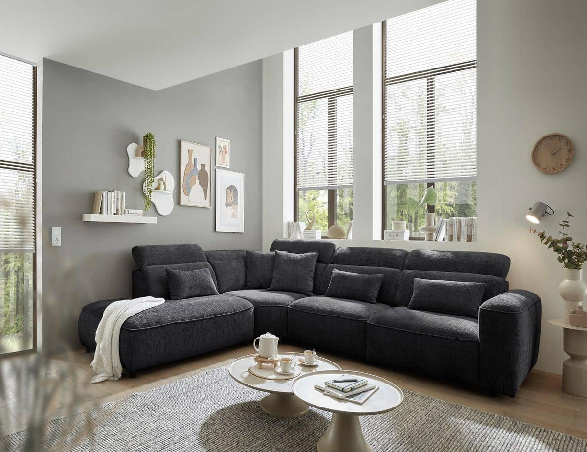 ECKSOFA mit 5-fach verstellbare Kopflehnen und pflegeleichter Mikrofaser-Chenille-Bezug - Schwarz, Kunststoff/Textil (339/285cm) - ed exciting design