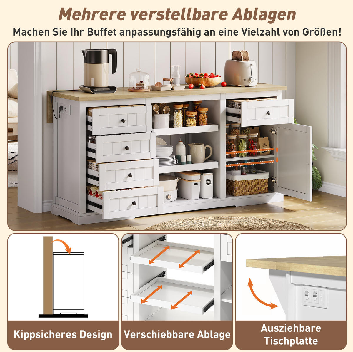 BUFFET 150/65/75,5 cm natur/weiß aus MDF mit Klappplatte und Steckdosen - Naturfarben, Holzwerkstoff (150/75.5/65cm) - OKWISH