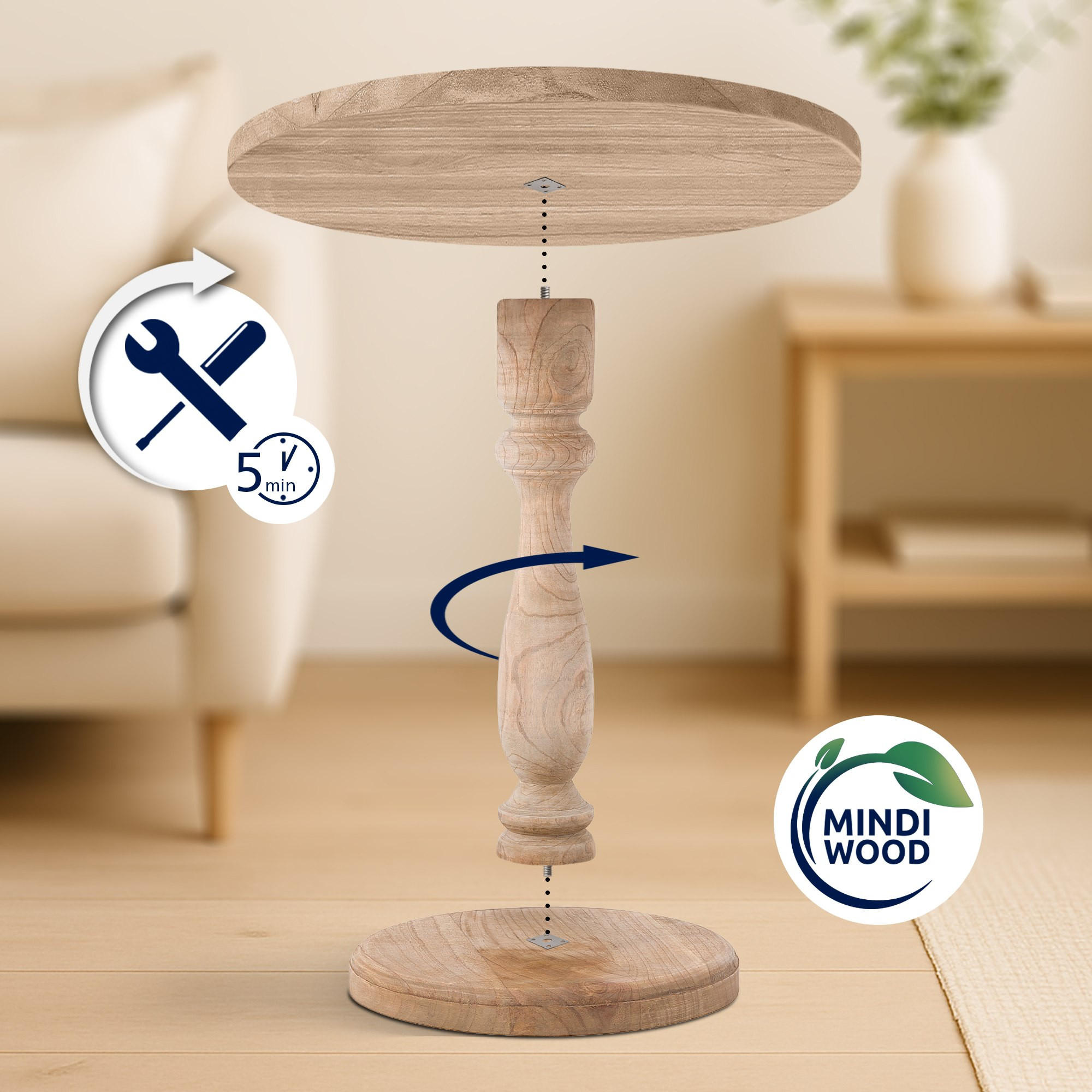 BEISTELLTISCH rund 50 cm Holz Natura - Eukalyptusholzfarben, Holz (50/50/60cm) - CLP