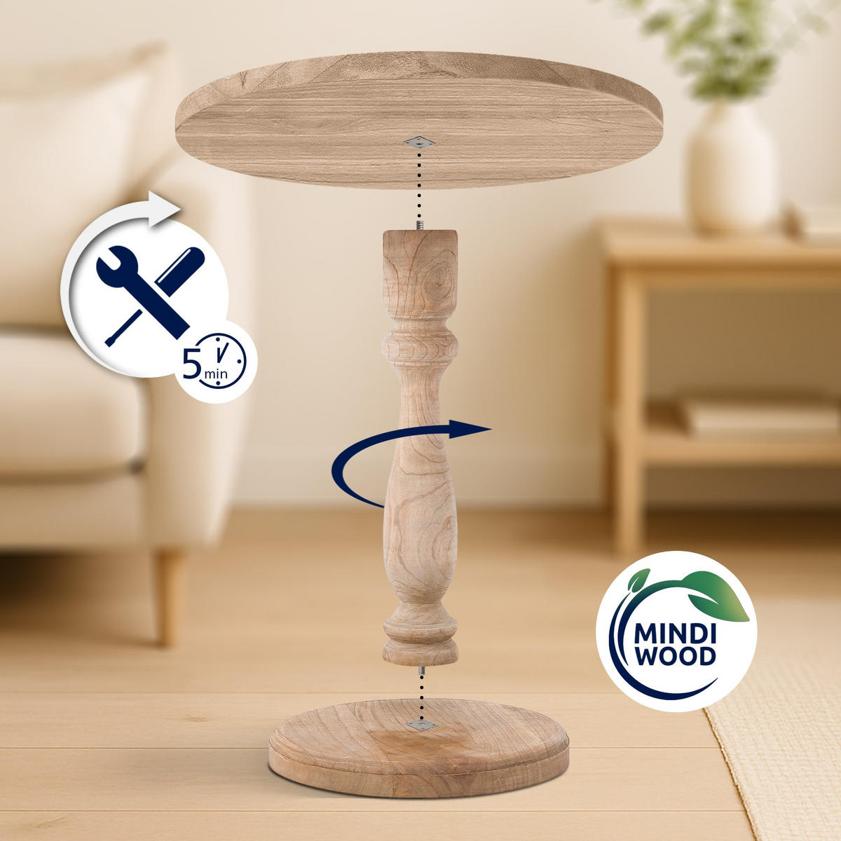 BEISTELLTISCH rund 50 cm Holz Natura - Eukalyptusholzfarben, Holz (50/50/60cm) - CLP