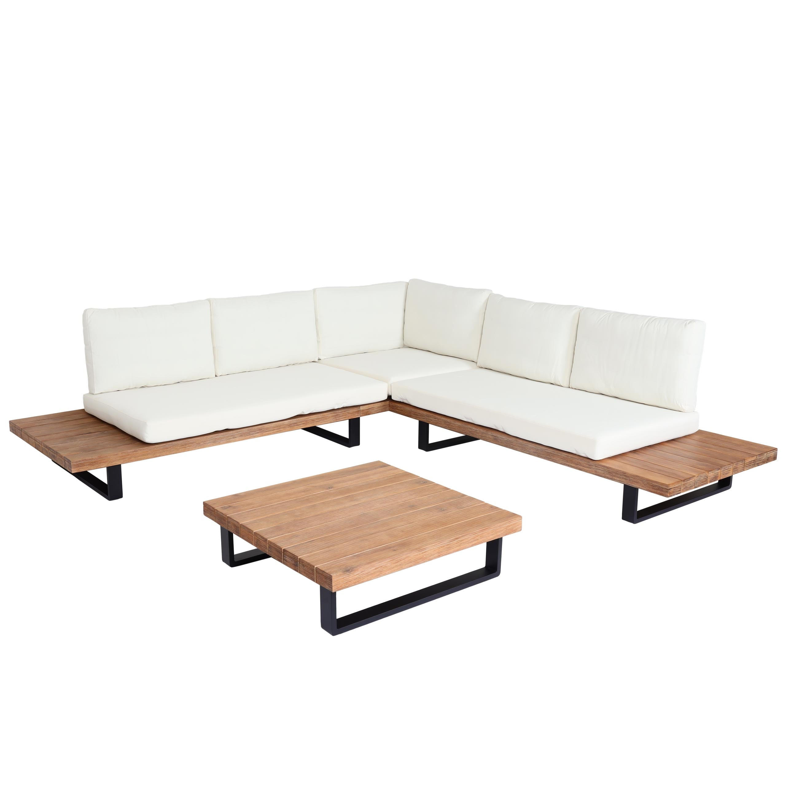 GARTEN-GARNITUR Hellbraun Polster Cremeweiß - Braun, Holz - PROREGAL