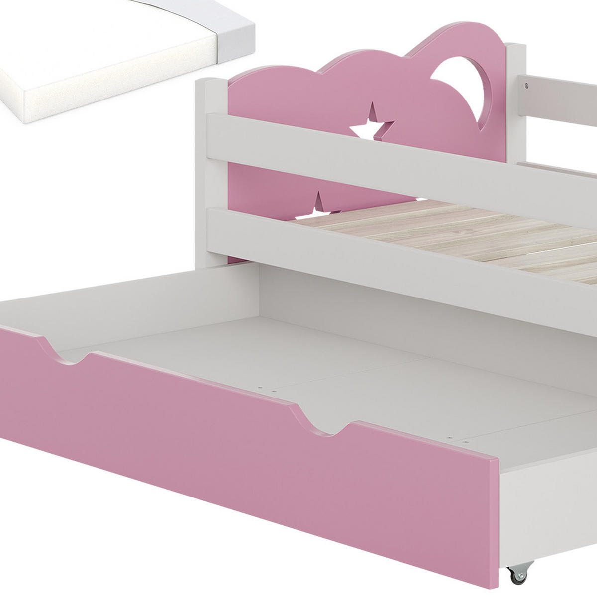 KINDERBETT Jessica Rosa/Weiß 70x140 cm mit Schublade und Matratze - Pink/Weiß, Holzwerkstoff (146/53/76cm) - VitaliSpa
