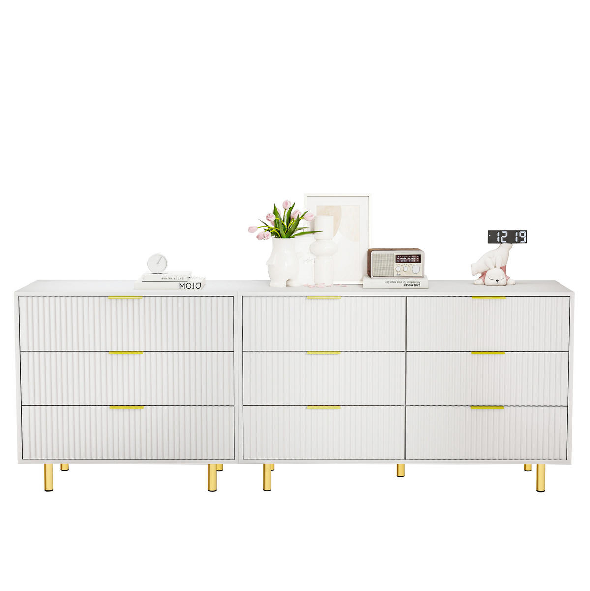 KOMODA 200/40/72 cm bijela i zlatna od MDF-a s 9 ladica i modularnim rasporedom - bijela, drvni materijal (200/72/40cm) - OKWISH