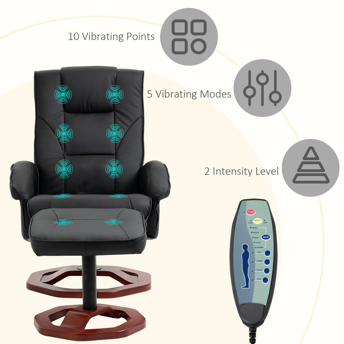 MASSAGESESSEL mit Hocker, Liegefunktion, Fernbedienung, bis 150 kg - Schwarz, Leder (83/106/73cm) - HOMCOM