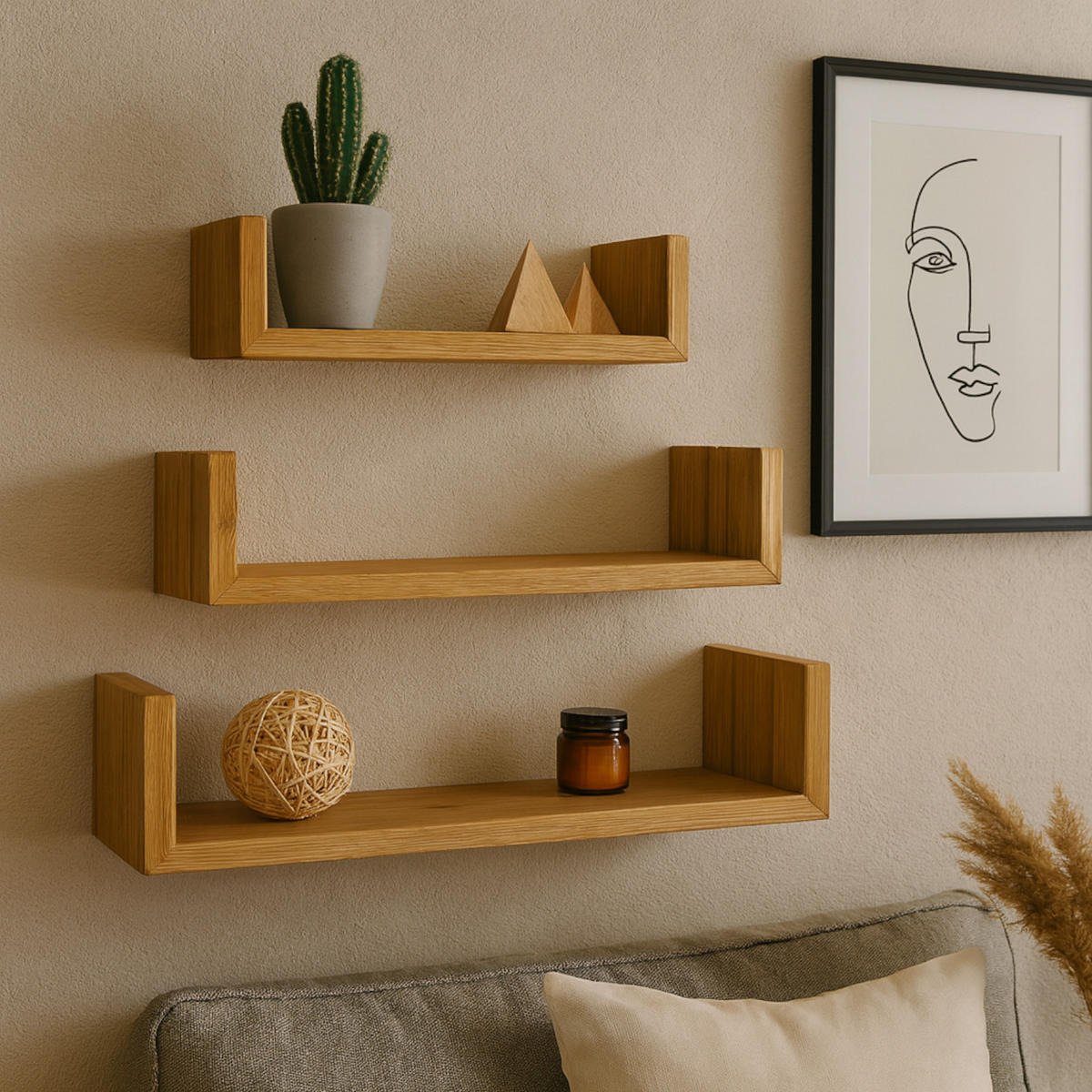 WANDREGAL Holzoptik Erlefarben 3er-Set U-Form 30/45/60 x15x10 cm - Erlefarben, Holzwerkstoff (60/10/15cm) - Begryf