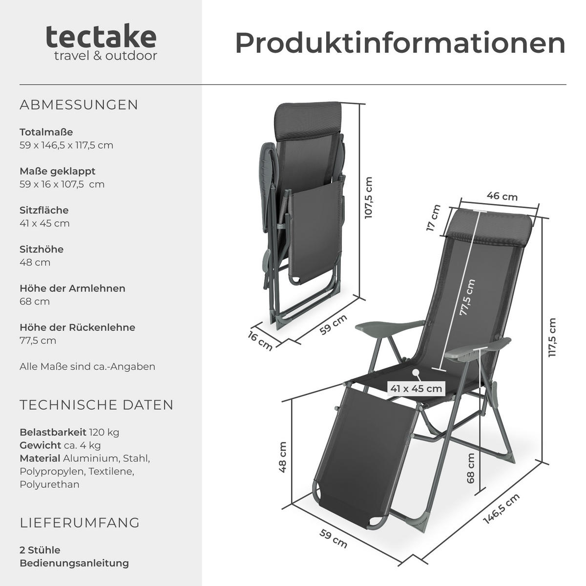 GARTENSTUHL Jana 2er Set, 146, 5 x 59 x 117, 5 cm, anthrazit - Anthrazit, Metall (59/117.5/146.5cm) - tectake