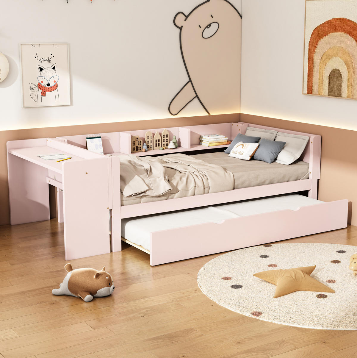 BETT 90/200 cm Rosa aus Kiefernholz und MDF mit Bett, Schreibtisch und Regalen - Rosa, Holz (90/200cm) - OKMYHOME