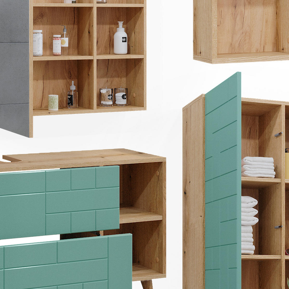 BADMÖBEL-SET Rudi Mintgrün 6 Teile, mit Hochschrank - Eichefarben/Mintgrün, Holzwerkstoff (90/59/32cm) - Vicco