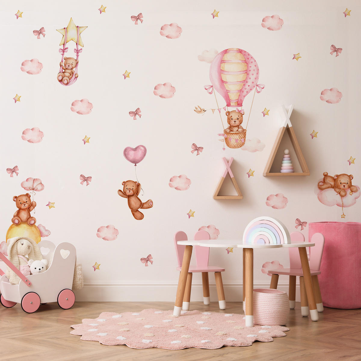 WANDSTICKER Teddybären rosa Wolken Sterne Ballons 60x30 - Gelb/Beige, Papier (60/30/1cm) - Muralo