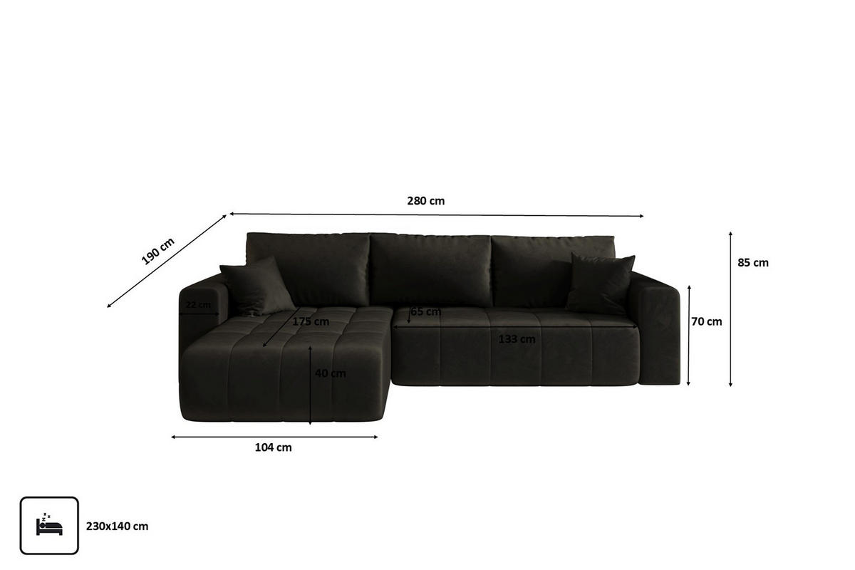 ECKSOFA mit schlaffunktion und bettkasten MILO, stoff MONOLITH, Dunkelgrau, Links - Dunkelgrau, Holz (280/190cm) - Kaiser Möbel
