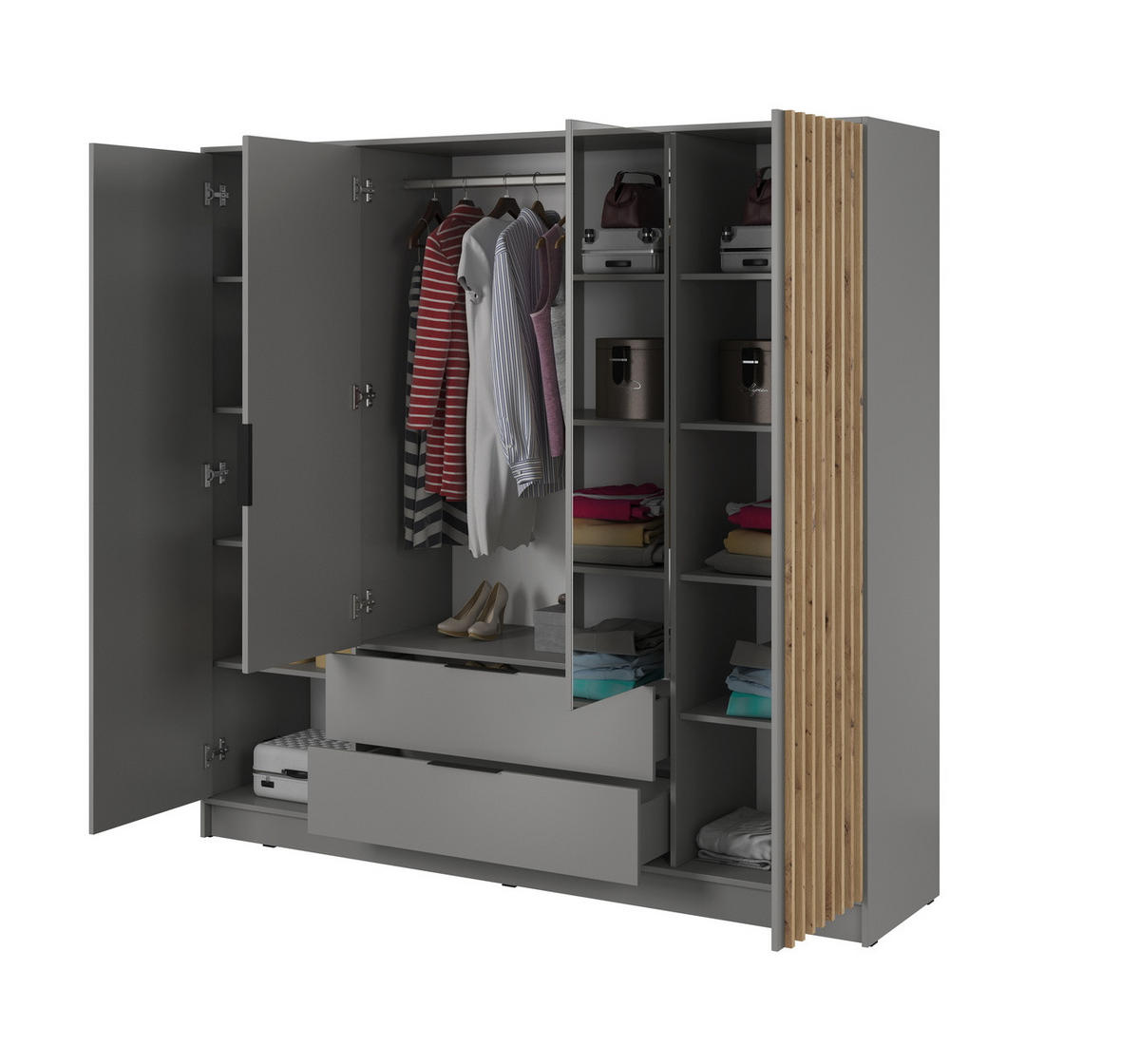 SCHRANK mit Spiegel 200 cm Fioro - 4 Türen, Lamellen, Schubladen, Grau - Grau, Holz (205/200/51cm) - Emporius