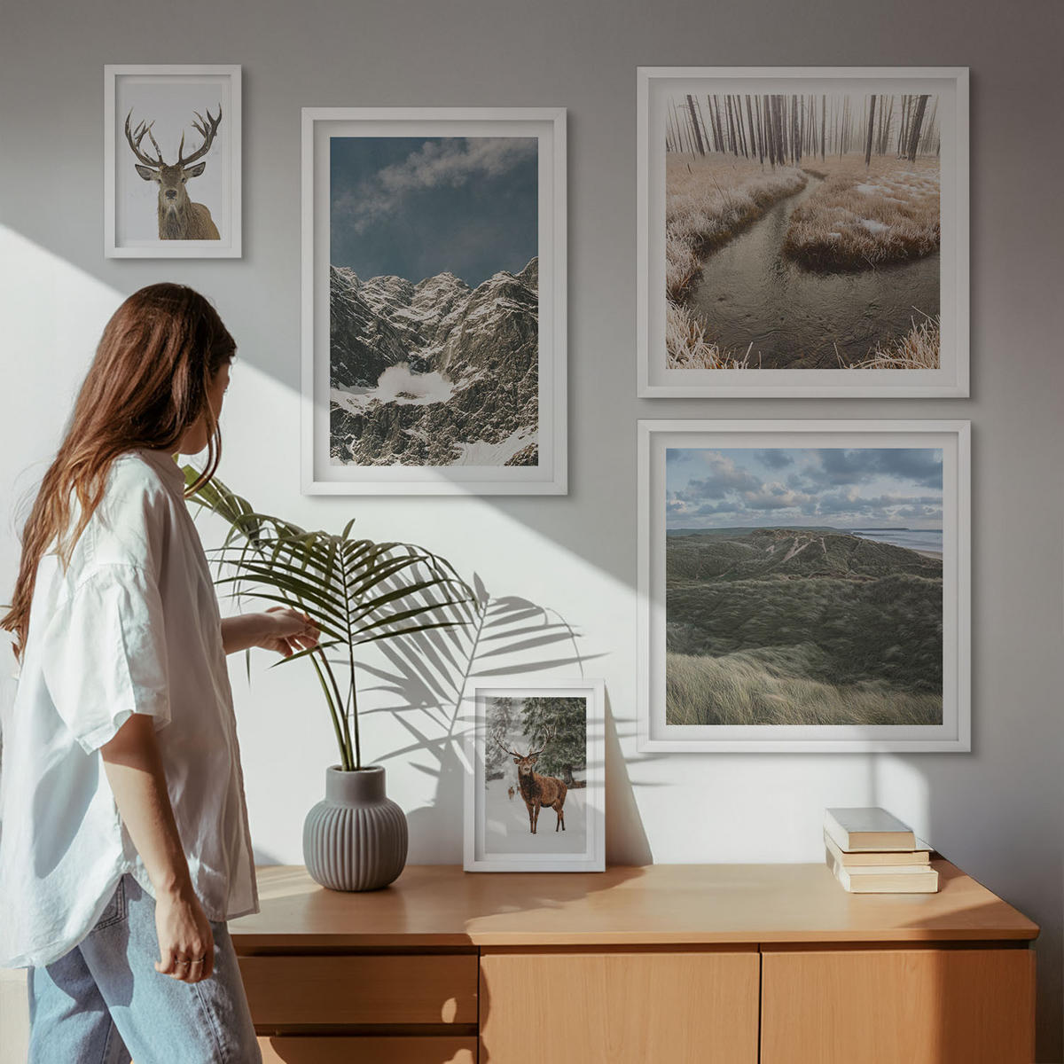 WANDBILDER 5er-Set - 50x50 cm & 20x30 cm & 40x60 cm Weißer Rahmen - Berge, Schnee, Hirsche, Waldlandschaft - Weiß, Kunststoff (40/60cm) - ArtPrintCave