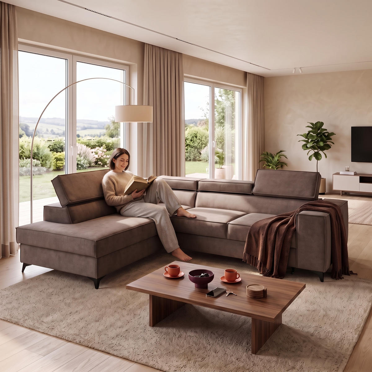 ECKSOFA PURE L Links mit Schlaffunktion 127x199 Velours Beige - Beige/Schwarz, Holz/Textil (281/204cm) - Muffo